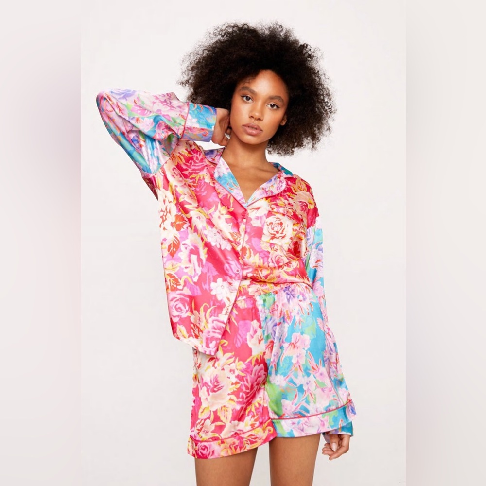 Nasty Gal Satin Floral Print Color Block Pajama Short Set